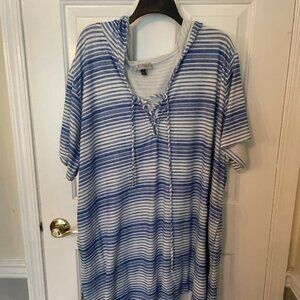 Ladies Valdi 3 X Blue and White Striped Hooded Swim Cover-Up